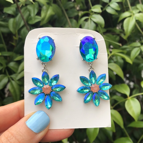 Aquamarine AB + Pink Opal Flower Statement Earrings - Picture 3 of 5